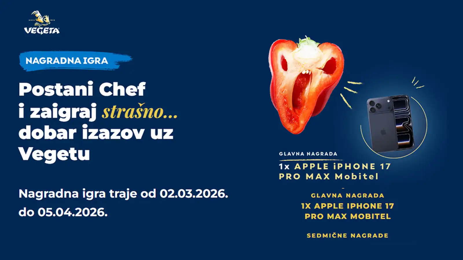 Besplatna Vegeta nagradna igra za iPhone 17 Pro Max i druge vrijedne nagrade