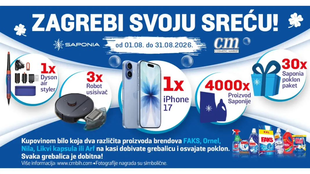 Saponia nagradna igra u cm-u: Zagrebi svoju sreću Saponia nagradna igra u cm-u traje do 31.8.2026., a možete osvojiti: iPhone 17, Dyson Air Styler, Robot usisavač, Saponia poklon paket i Saponia proizvod.
