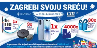 Saponia nagradna igra u cm-u: Zagrebi svoju sreću Saponia nagradna igra u cm-u traje do 31.8.2026., a možete osvojiti: iPhone 17, Dyson Air Styler, Robot usisavač, Saponia poklon paket i Saponia proizvod.