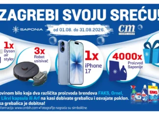 Saponia nagradna igra u cm-u: Zagrebi svoju sreću Saponia nagradna igra u cm-u traje do 31.8.2026., a možete osvojiti: iPhone 17, Dyson Air Styler, Robot usisavač, Saponia poklon paket i Saponia proizvod.