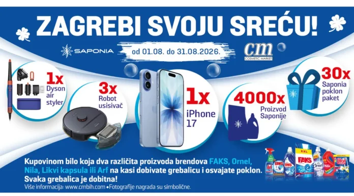 Saponia nagradna igra u cm-u: Zagrebi svoju sreću Saponia nagradna igra u cm-u traje do 31.8.2026., a možete osvojiti: iPhone 17, Dyson Air Styler, Robot usisavač, Saponia poklon paket i Saponia proizvod.