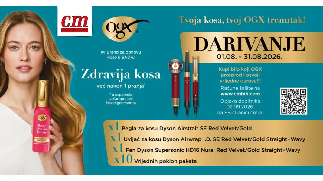 OGX nagradna igra u cm-u traje do 31.8.2026., a možete osvojiti: Dyson pegla za kosu, Dyson uvijač za kosu, Dyson fen za kosu i Vrijednih poklon paket.