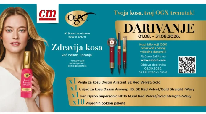 Tvoja kosa, tvoj OGX trenutak – OGX nagradna igra u cm-u OGX nagradna igra u cm-u traje do 31.8.2026., a možete osvojiti: Dyson pegla za kosu, Dyson uvijač za kosu, Dyson fen za kosu i Vrijednih poklon paket.