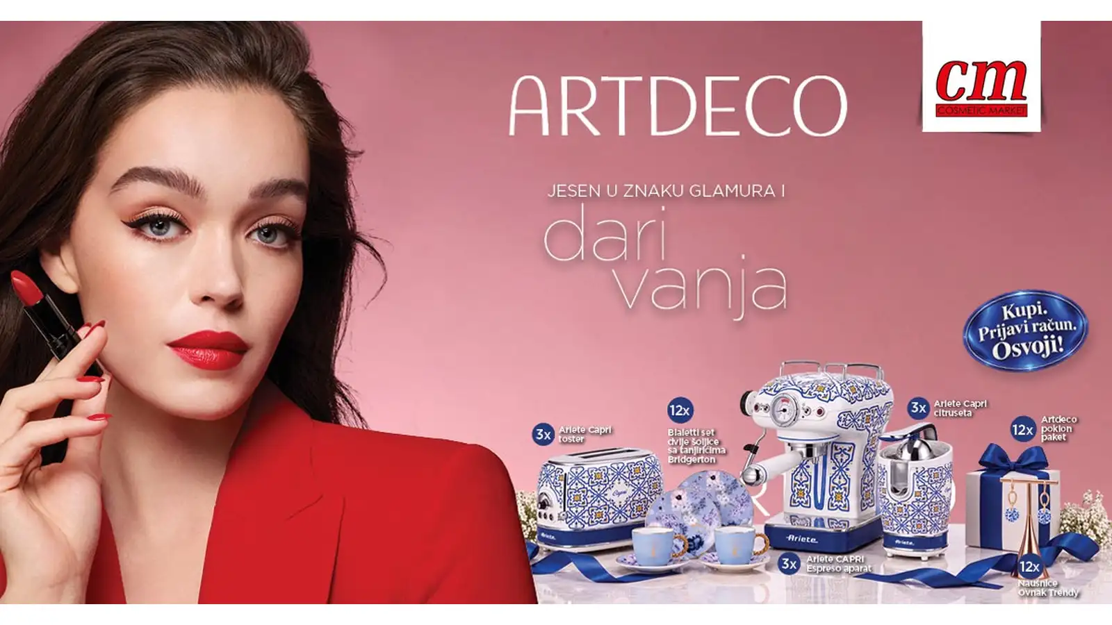 ARTDECO nagradna igra u cm-u traje do 31.10.2026., a možete osvojiti: Ariete CAPRI Espreso aparat, Ariete Capri toster, Ariete Capri citruseta, Bialetti set dvije šoljice sa tanjirićima Bridgerton, Artdeco poklon paket i Naušnice Ovnak Trendy.