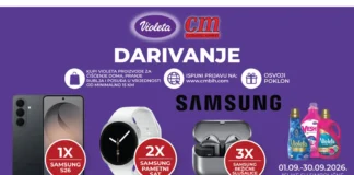 Violeta nagradna igra: Samsung S26, pametni satovi ili slušalice Violeta nagradna igra u cm-u traje do 30.9.2026., a možete osvojiti: Samsung S26, Samsung pametni sat i Samsung bežične slušalice.