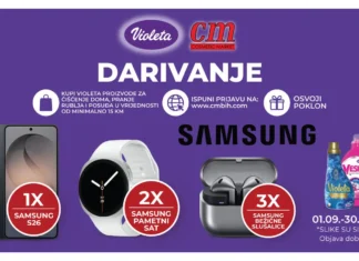 Violeta nagradna igra: Samsung S26, pametni satovi ili slušalice Violeta nagradna igra u cm-u traje do 30.9.2026., a možete osvojiti: Samsung S26, Samsung pametni sat i Samsung bežične slušalice.