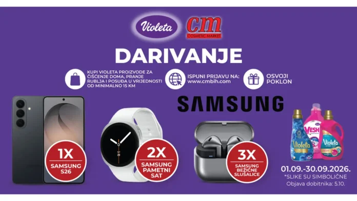 Violeta nagradna igra u cm-u: Samsung S26, pametni satovi i bežične slušalice Violeta nagradna igra u cm-u traje do 30.9.2026., a možete osvojiti: Samsung S26, Samsung pametni sat i Samsung bežične slušalice.