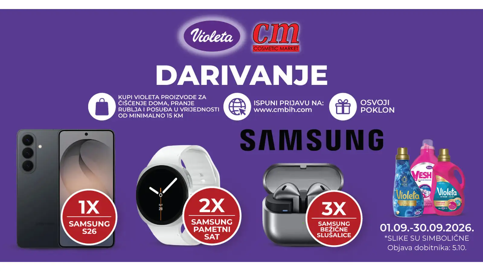 Violeta nagradna igra u cm-u traje do 30.9.2026., a možete osvojiti: Samsung S26, Samsung pametni sat i Samsung bežične slušalice.